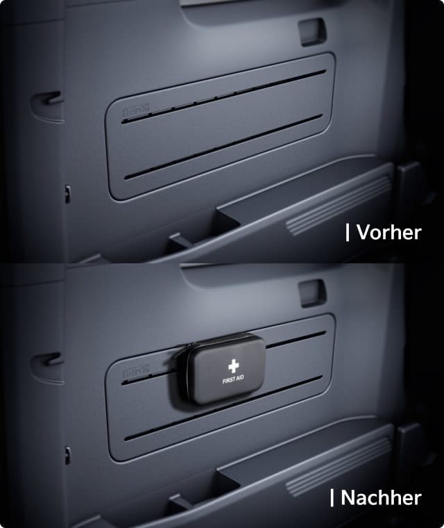 Armaturenbrett mit AddGear und Notfallset Dargestellt mit und ohne montiertes Erste-Hilfe-Set.