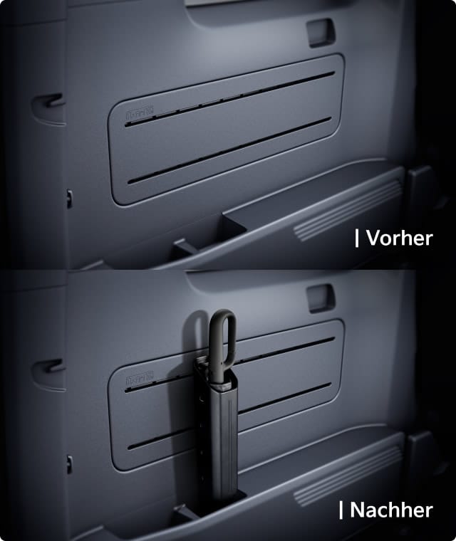 Detailansicht des AddGear mit montiertem und ohne montierten Regenschirmhalter.